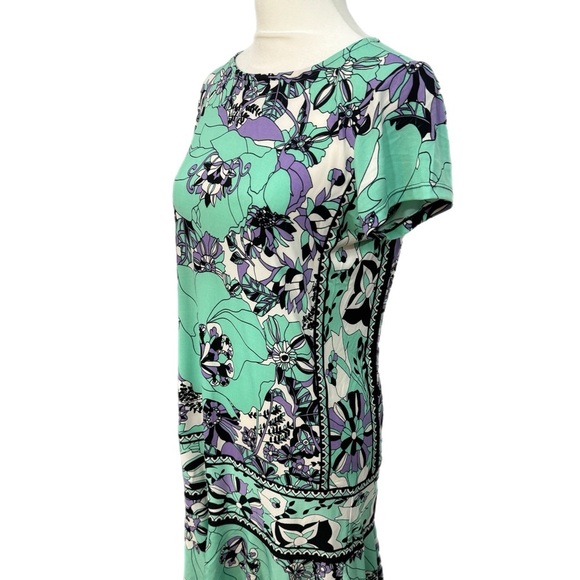 DONNA MORGAN Women’s Size 4 Floral Dress Short Sleeve Mini Ruffle Hem Green - Picture 6 of 13